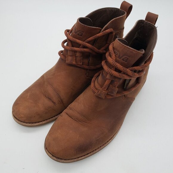 Teva De La Vina Dos Shorty Brown Leather Drawstring Ankle Boot Women’s 6 Shoes - Picture 2 of 12